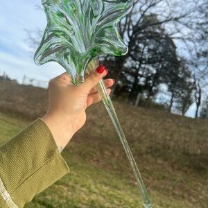 Vintage hand blown Clear /green long stem glass flower 19"